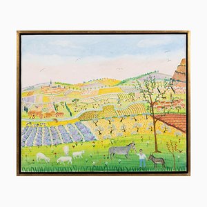 Nicole Fourcroy, Naive Landscape in Bright Green-Yellow Colors, 1995, Huile sur Toile