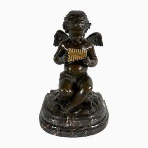 Engel mit Flöte, spätes 19. Jh., Bronze & Marmor
