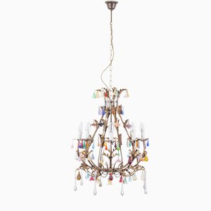 Burnished 8-Light Chandelier with Fruit & Flower Pendants and Multicolored Murano Glass Drops