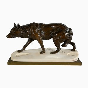 C. Valton, Loup Marchant dans la Neige, Fin 1800s, Bronze & Marbre