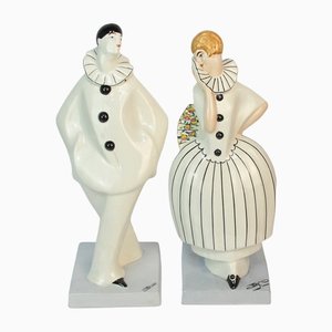 Art Deco Ceramic Sculptures of Pierrot and Colombina by Edouard Cazaux for Dax, 1920s, Set of 2