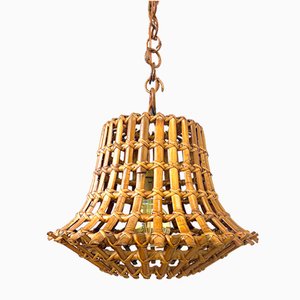 Lámpara colgante francesa grande en forma de campana de bambú y ratán, años 60