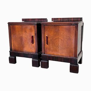 Art Deco Walnut Slab Side Cabinets or Nightstands with Carved Base, 1930s, Set of 2