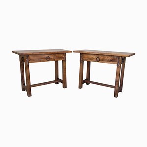 Grandes Tables de Chevet ou Console avec Tiroir et Fer Forgé, Espagne, 1910, Set de 2