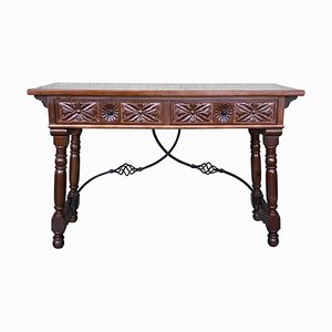 20th Century Baroque Walnut Lyre-Leg Trestle Refectory Desk Writing Table, 1900