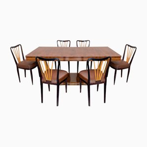 Art Deco Maple and Rosewood Table and Chairs, 1940s, Set of 7