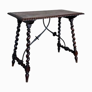 19th Spanish Side Table with Cared Turned Legs and Iron Stretcher, 1890