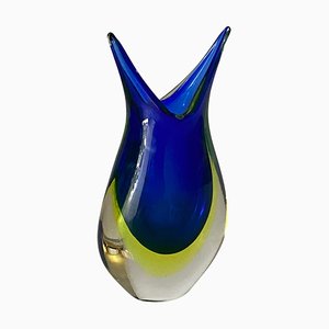 Forma de flor de Murano Sommerso italiana vintage de cristal artístico azul claro, años 60
