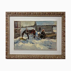 Leonid Vaichilia, Horses in Winter, Oil Painting, 1971, Framed