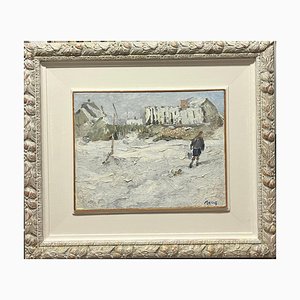 Georgij Moroz, Woman and Dog in the Snow, 1977, Oil Painting, Framed