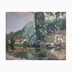 Pinchon, Paysage au bord de l'eau, 1908, Oil on Canvas, Framed