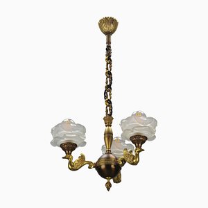 Empire French Brass, Bronze and Frosted Glass Three-Light Chandelier, 1950s