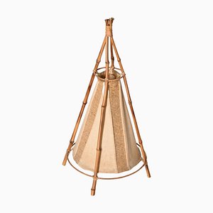 Lampada da tavolo Mid-Century in cotone, bambù e vimini di Louis Sognot, anni '50