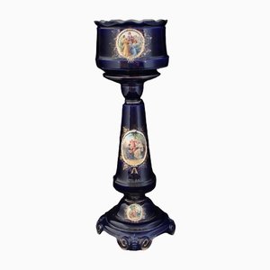 Colonna e vaso in ceramica blu cobalto dorata e decalcomanie, anni '20, set di 2