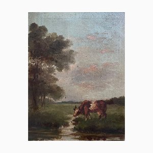 After Henri Baes, Cow in a Field, 1800s, Oil on Canvas, Framed