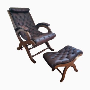 Mid-Century Chesterfield Leather Lounge Chair and Ottoman from Valenti Barcelona, Spain, Set of 2