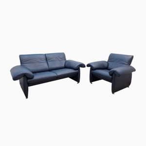 Swiss Dark Blue Genuine Leather Sofas & Lounge Chair from de Sede, Set of 3