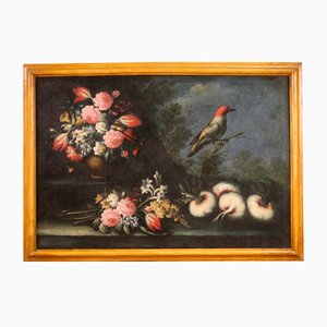 Stillleben mit einem Kanarienvogel, 1730, Öl auf Leinwand, gerahmt