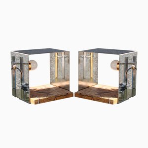Minimalist Cube Table Lamps in Brass, Steel & Marble, Italy, 1970s, Set of 2