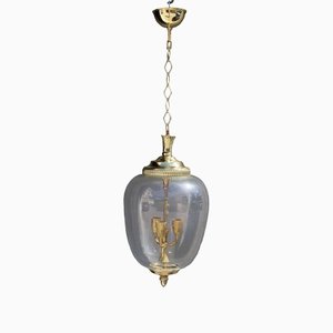 Italian Lantern anging Light in Brass and Murano Glass, 1940s