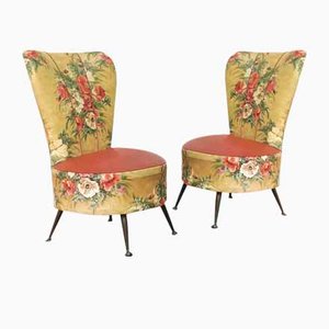 Mid-Century Armchairs in Red Leatherette & Brass, Italy, 1950s, Set of 2