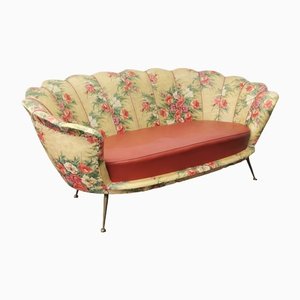 Curvic Sofa in Red Leatherette & Brass, Italy, 1950s