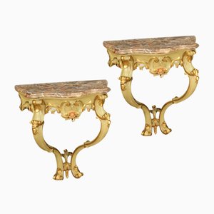 Italian Lacquered, Gilded & Painted Console Tables with Marble Top, 1960s, Set of 2