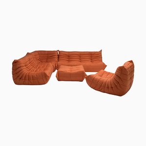 Orange Leather Togo Sofa Set by Michel Ducaroy for Ligne Roset, 1990s, Set of 5
