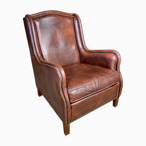 Vintage Leather Wingback Armchair with Nails