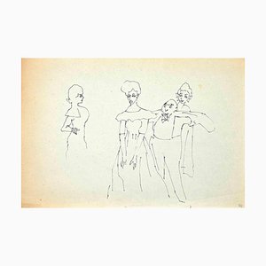 Mino Maccari, Gallant and Ladies, Pen Drawing, Mid-20th Century