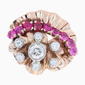 14 Karat Rose Gold Ring with Rubies and Diamonds, 1940s