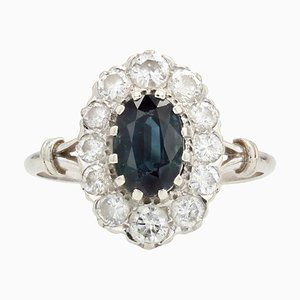18 Karat Weißgold Pompadour Ring mit Saphir und Diamanten, Frankreich, 1950er