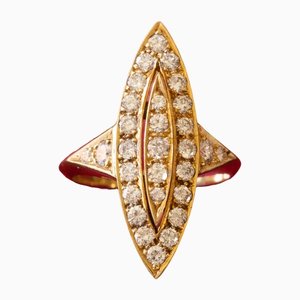 18 Karat Gold Navette Ring with Diamonds, 1970s