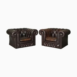 Vintage Distressed Brown Leather Chesterfield Gentlemans Club Chairs, Set of 2