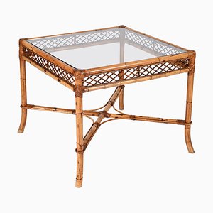 Mesa italiana Mid-Century cuadrada de bambú con tablero de vidrio de Vivai Del Sud, 1960