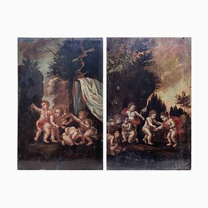 Landscapes with Putti, 1800s, Oil on Board Paintings, Set of 2