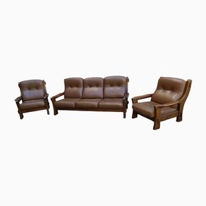 Brutalist Leather Sofa and Armchairs, 1970s, Set of 3