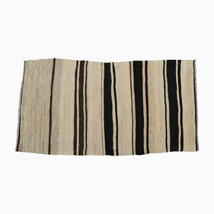Vintage Turkish Black and Beige Striped Wool Rug