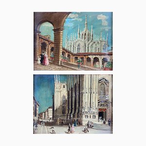 A. Bianchi, Milan Cathedral, 1950s, Oil Paintings on Board, Set of 2