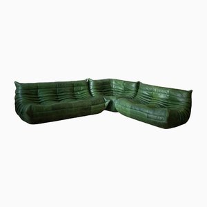 Togo Sofa and Chairs in Green Leather by Michel Ducaroy for Ligne Roset, 1970s, Set of 3