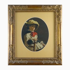 Egisto Lancerotto, Portrait de Jeune Fille avec Arc Rouge, 1900, Huile sur Toile sur Carton