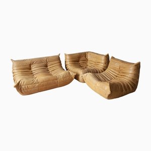 Camel Brown Leather Togo Lounge Chair, Corner and 2-Seat Sofa by Michel Ducaroy for Ligne Roset, Set of 3