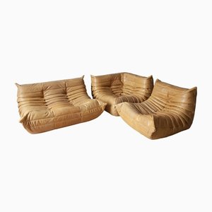 Fauteuil Togo en Cuir Marron Camel, Canapé d'Angle et 2 Places par Michel Ducaroy pour Ligne Roset, Set de 3