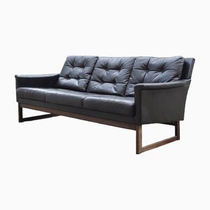 Finnish Modern Black Leather Sofa, 1960s