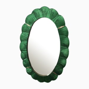 Espejo de pared de cristal de Murano verde y latón, años 90