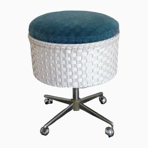 Tabouret de Couture Roulant en Tissu Bleu, Tresse en Plastique Blanc et Chrome, 1970s