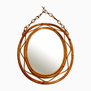 Large Italian Oval Bamboo Wall Mirror with Loop Design and Original Bamboo Chain, 1960s