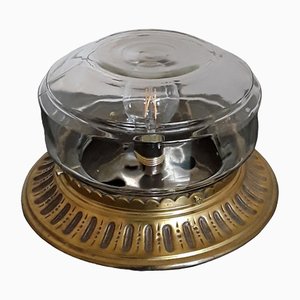 Round German Art Deco Ceiling Lamp with Brass Mount and Clear Flat Glass Shade, 1930s
