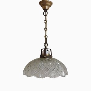 Ceiling Lamp with Curved Clear Relief Glass Shade & Brass Mount, 1910s