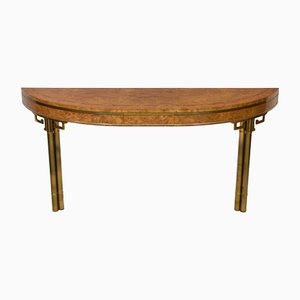 Burr Wood and Brass Greek Key Console Table attributed to Mastercraft, 1970s
